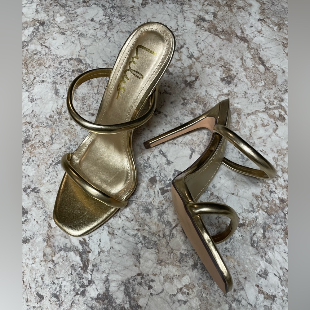 Theyaa Gold Metallic Square-Toe High Heel Sandals